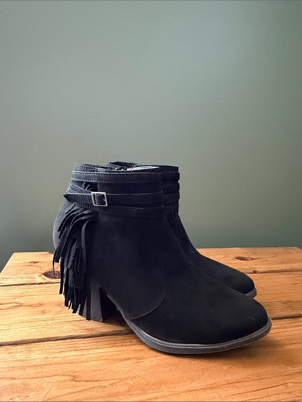 BAMBOO Black Fringe Ankle Booties with Buckle